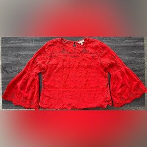 Adiva Scarlet Red Lace Flared Sleeve Blouse with Matching Camisole | XL